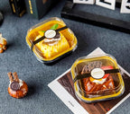 50 Pcs Mini Square Baking Cups with Lids and Spoons Aluminum Foil Mini Cake Pans with Lids Disposable Ramekins Cake Pans Dessert Cups for Wedding Birthday Party(Black Gold,5oz)