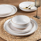 AmorArc 24 Pieces Ceramic Dinnerware Sets for 8, Handpainted Stoneware Plates and Bowls Set with Rustic Terracotta Underside, Scratch Resistant Dishes Set, Dishwasher & Microwave Safe, White