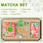 Matcha Set–7-Piece Set Including Matcha Bowl with Spout, Whisk, Chasen Holder, Sifter, Bamboo Scoop,Scoop Stand,wood spoon(Daisy Green)–Perfect for Matcha Lovers&Tea Ceremonies
