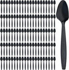 Prestee 300 Black Plastic Spoons Bulk - Durable Disposable Plastic Silverware Spoons - Heat-Resistant Spoon Cutlery - Heavy Duty Flatware Pack - Disposable Silverware Utensil Set for Hot and Cold Food