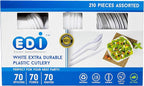 EDI [210 Piece] White Disposable Plastic Cutlery Set, Assorted - 70 Forks, 70 Knives, 70 Spoons | Extra Durable