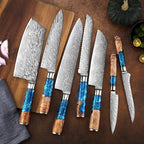 SENKEN 7-Piece Damascus Kitchen Knife Set - Tsunami Collection - 67-Layer Japanese VG10 Steel - Chef's Knife, Cleaver, Santoku, Bread, Boning, & More