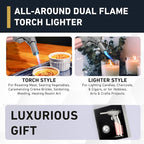 Dual Flame Butane Torch Gun - Refillable Luxury Hand Held Mini Blow Torch for Cooking, Creme Brulee, Soldering, Welding, & Resin Art - Adjustable Flame with Ignition Lock - Steel Blush by inZaynity