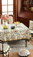 patdrea Designer French Table Cloth for Rectangle Table,Vintage Green Linen Birds and Leaves Pattern Tablecloths,Dacorative Cover Kitchen Dining,Christmas,Thanksgiving,Tea Party,63"x87"-Warbler