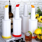 Ruisita 4 Pack Fruit Juice and Liquor Pour Bottles 34 oz Bar Juice Containers Plastic Pour Bottles with Stainless Steel Bottle Pourer Tapered Spout in 4 Colors for Liquor Juice Store