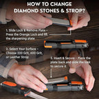8-in-1 Pocket Knife Sharpener – Guided Diamond Whetstones, Diamond Rod, Leather Strop, 2 Sharpening Slots, Fire-Starter Ferro Rod & Whistle – Outdoor, Yard, Camping by Orange Ninja