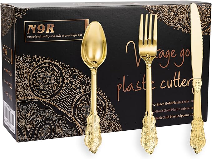 N9R 300pcs Gold Plastic Silverware Dinnerware Flatware- Heavyweight Plastic Cutlery Set, 100 Forks, 100 Spoons, 100 Knives, Gold Utensils for Party, Thanksgiving, Christmas