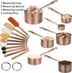 Copper Measuring Cups and Spoons Set 17 for Dry & Liquid, Metric & Us Stainless Steel Measuring Cups and Spoons Set with Leveler for Kitchen & Baking with 3/4 & 2/3 Measurer Cup