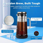BrewMOO- Airtight Cold Brew Coffee Maker Pitcher, 1.0L/34Oz Thick Glass Carafe with Filter, Comfort Sturdy Handle & Wide Spout, Non-Slip Base | Iced Tea Maker (Black)
