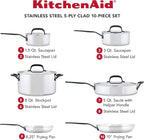 KitchenAid 5-Ply Clad Polished Stainless Steel Cookware Pots and Pans Set, 10 Piece