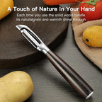 JUSEEPO Premium Vegetable Peeler, I Type Swivel 304 Stainless Steel Blade Comfortable Solid Wood Handle, Practical Gift for Restaurant Baking Chef Woman for Veggie, Fruit, Potato(Charred Wood)