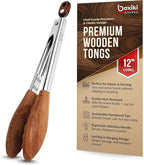 Boxiki Kitchen Wooden Tongs for Cooking - Nonstick Kitchen Salad Tongs for Serving Food, Grilling, Cooking, BBQ and Tossing Salad - Made of Natural Walnut Wood, Size 12-inch