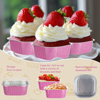 Mini Square Cake Pans with Lids，BAKINGPAK 30PCS 10OZ Mini Cake Pans with Lids Individual Cupcake Containers Mini Disposable Cake Pans with Lids Mini Aluminum Pans with Lids for Baking Party, Pink