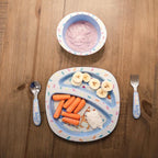 The First Years Bluey 4-Piece Place Setting - BPA Free Dishwasher Safe Toddler Dinnerware Set with Divided Plate, Bowl, Fork, Spoon - Multicolor