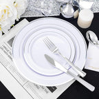 bUCLA 600pcs Silver Plastic Dinnerware Set for 100 Guests - Silver Christmas Dinnerware Set Disposable for Party - Include 100 Dinner Plates,100 Dessert Plates,100Cups,100 Knives,100 Forks,100 Spoons