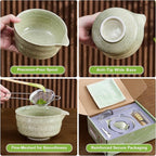 7Pcs Matcha Whisk Set - Matcha Bowl with Spout, Bamboo Whisk (Chasen), Holder, Stainless Sifter, Tea Scoop, Tea Towel, Scoop Rest. Full Japanese Ceremony Matcha Kit, Perfect Gift for Tea Fans (Green)