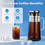 BrewMOO- Airtight Cold Brew Coffee Maker Pitcher, 1.0L/34Oz Thick Glass Carafe with Filter, Comfort Sturdy Handle & Wide Spout, Non-Slip Base | Iced Tea Maker (Black)