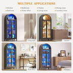 Arched Kitchen Pantry Cabinet with Glass Doors, Display Curio Case with 3 Color LED Lights for Collectibles, Modern 5-Tier Storage Hutch Cabinet Brown
