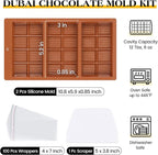 2 Pcs Chocolate Bar Mold Deep Dubai 0.85 Inch Stuffed Large Chocolate Molds Silicone Break Apart Thick Silicone Molds for Candy Bar, With 100 Pcs Wrappers and 1 Pc Scrapers Set (8 Snap）