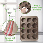 NutriChef Muffin Pans for Baking 4-Pack | Nonstick 12 Mold Cupcake Tins | Carbon Steel Stackable Cup Cake Trays | Dishwasher & Oven Safe | Includes 200 Parchment Paper Liners | 13 x 10 x 1 | Gold