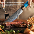 SENKEN Damascus Steak Knife Set - Tsunami Collection - 67-Layer Japanese VG10 Steel - Razor Sharp Non-Serrated Blades, Blue Resin & Natural Wood Pattern Handles, Luxury Gift Box (6 Steak Knife Set)