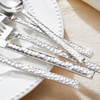 KINGSTONE 48 Piece Silverware Set with Steak Knives, Hammered Silverware Set for 8, 18/10 Stainless Steel Flatware, Cutlery Set for Home, Party, Wedding, Mirror Polished Dishwasher Safe