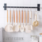Country Kitchen Non Stick Silicone Utensil Set with Rounded Wood Handles for Cooking and Baking, 38 Piece Set, Khaki