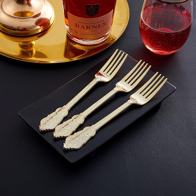 N9R 100PCS Gold Plastic Forks, 7.48inch Disposable Gold Plastic Silverware, Heavy Duty Plastic Forks for Parties, Weddings and Events