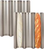Baguette Bread Pan, Perforated French Bread Pans 15x11 Inch Nonstick, 3 Waves Loaf Tin for Homemade Sourdough Baguettes Baking, Oven Safe, 2 Pack, Gold