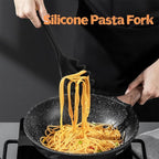 Silicone Cooking Spoon and Pasta Fork Set, 2 Pack Large Spatula Spoons Set with Wooden Handle, Nonstick Multifunction Spoon for Cooking, Serving, Mixing and Spaghetti (Black)
