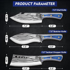 3PCS Butcher Knife Set for Meat Cutting， Hand Forged Professional Chef Knife Set Meat Cleaver Boning Knife for Home, Outdoor Cooking, Camping BBQ Gift Idea Men