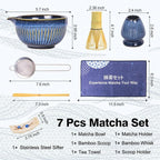 7pcs Matcha Whisk Set with 18oz Spout Bowl, Japanese Tea Ceremony Kit, Natural Bamboo Whisk Scoop, Ceramic Holder Sifter Towel, Best Gift for Beginners and Matcha Lovers