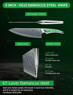 8 inch Chef Knife, Japanese VG-10 Damascus Steel Kitchen Knife, Ultra Sharp Cooking Knife with Full-tang Handle in Green Resin, LA-S9 Series