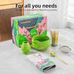 TEANAGOO 7-PCS Green Matcha Whisk Set with Cherry Blossom Design, Complete Ceremony Kit, Ceramic Chawan Bowl with Spout, Whisk & Accessories, Traditional Matcha Tea Set for Lattes& Gift Giving