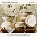 MACKENZIE-CHILDS Enamel Salad Serving Set, Enamel Bowl and Wooden Salad Servers, Decorative Kitchen Set, Brown-and-White Mocha Check