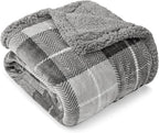 Pavilion Light Grey Plaid Sherpa Throw Blanket for Couch Twin, Plush Flannel Fleece Throws, Soft Fuzzy Cabin Blanket for Sofa Bed, Warm Cozy Winter Gift, 60x80