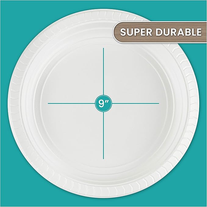 PLASTICPRO 9 inch Round Plastic Plates Microwaveable, Disposable, White, Dinnerware 200 Count