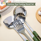FJNATINH Wok Spatula and Ladle Skimmer Spoon - Stainless Steel Cooking Utensils Set of 3,Kitchen Wok Utensils Set,Green Handle