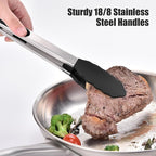 Doosu Kitchen Tongs for Cooking - 600°F Heat Resistant Food Tong with Non-Scratch Silicone Tips, Heavy Duty Stainless Steel Locking Tong for BBQ, Grilling Steak, Serving Salad, Pasta (12in, Black)