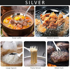 304 Stainless Steel Cooking Utensils Set,9PCS Metal Kitchen Utensils Set with Wooden Handle,Solid Spoon,Spatula,Ladle,Skimmer,Spaghetti Spoon,Dishwasher Safe