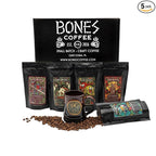 Bones Coffee Company NEW World Tour Sample Pack Box Set with Specialty Coffee Mug, 5 Assorted Single-Origin Low Acid Medium Roast Arabica Beans Flavored Coffee Gifts, 4 oz Pack of 5 Ground