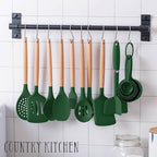 Country Kitchen Non Stick Silicone Utensil Set with Rounded Wood Handles for Cooking and Baking, 38 Piece Set, Green