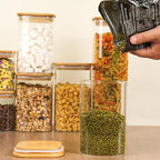 82 Oz Glass Storage Containers with Bamboo Lids, Square Glass Canister Sets Clear Glass Pantry Storage Containers with Lids for Cookie Flour Oat Pasta Tea Coffee Bean, Set of 3