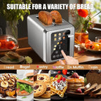 Touch screen Toaster 2 slice,Stainless Steel Digital Timer Toasters with Sound Function,6 Bread Types & 6 Shade Settings,Smart Extra Wide Slots Toaster with Bagel,Defrost Functions,Brushed steel