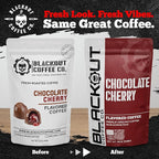 Blackout Coffee Chocolate Cherry Flavored Ground Coffee – Medium Roast, Smooth Taste, Guilt-Free Indulgence – Freshly Roasted 12oz Pouch, American Made