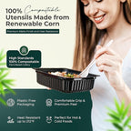 100% Compostable cutlery knives forks spoons 150 Large Disposable Biodegradable Compostable Utensils Durable HeavyDuty Silverware heat resistant alternative to plastic with convenient tray 150pc 7inch