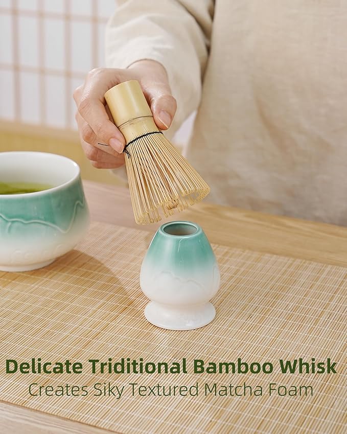 ZENS Matcha Whisk Set, 5pcs Matcha Kit Set Includes Ceramic Bowl, Bamboo Whisk and Chasen Holder, Scoop & Tea Mat for Matcha Ceremony, Blue