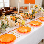 LIYH 50 Pcs Heavy Duty Thanksgiving Plates Orange Scalloped Plastic Plates Reusable Unbreakable Halloween Plastic Plate for Thanksgiving & Halloween Day, Dishwasher Safe BPA Free (25Guests)