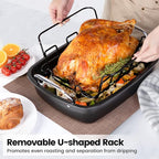 Nonstick Roasting Pan with Rack, Turkey Roasting Pan for Oven, Large Roaster Pan with Handle for Chicken, 17 X 13 Inch, Carbon Steel, Dark Grey