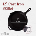 Cuisinel Cast Iron Skillet with Lid - 12"-Inch Frying Pan + Glass Lid + Heat-Resistant Handle Cover - Pre-Seasoned Oven Safe Cookware - Indoor/Outdoor Use - Grill, BBQ, Fire, Stovetop, Induction Safe